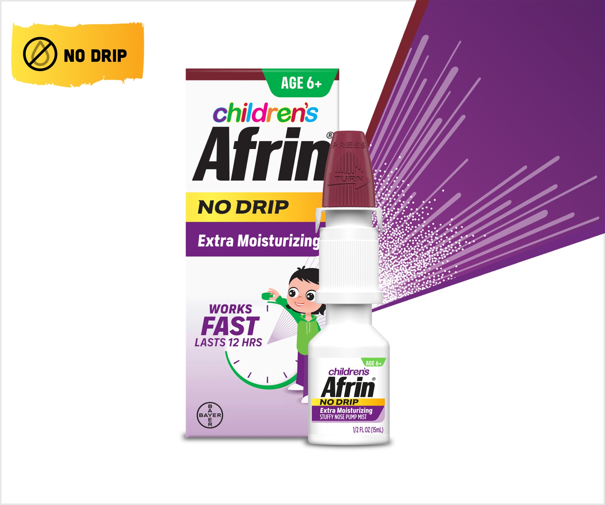 Afrin extra moisturing no drip nasal spray packaging next to nasal spray bottle