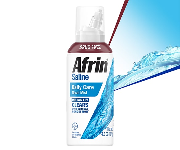 Afrin® Saline Daily Care Nasal Mist product image. The bottle is white and labeled 'DRUG FREE.' The label highlights that it 'instantly clears out everyday congestion.' The background is white with a blue water splash graphic and a red 'NEW' banner in the top left corner, emphasizing the product's new release.