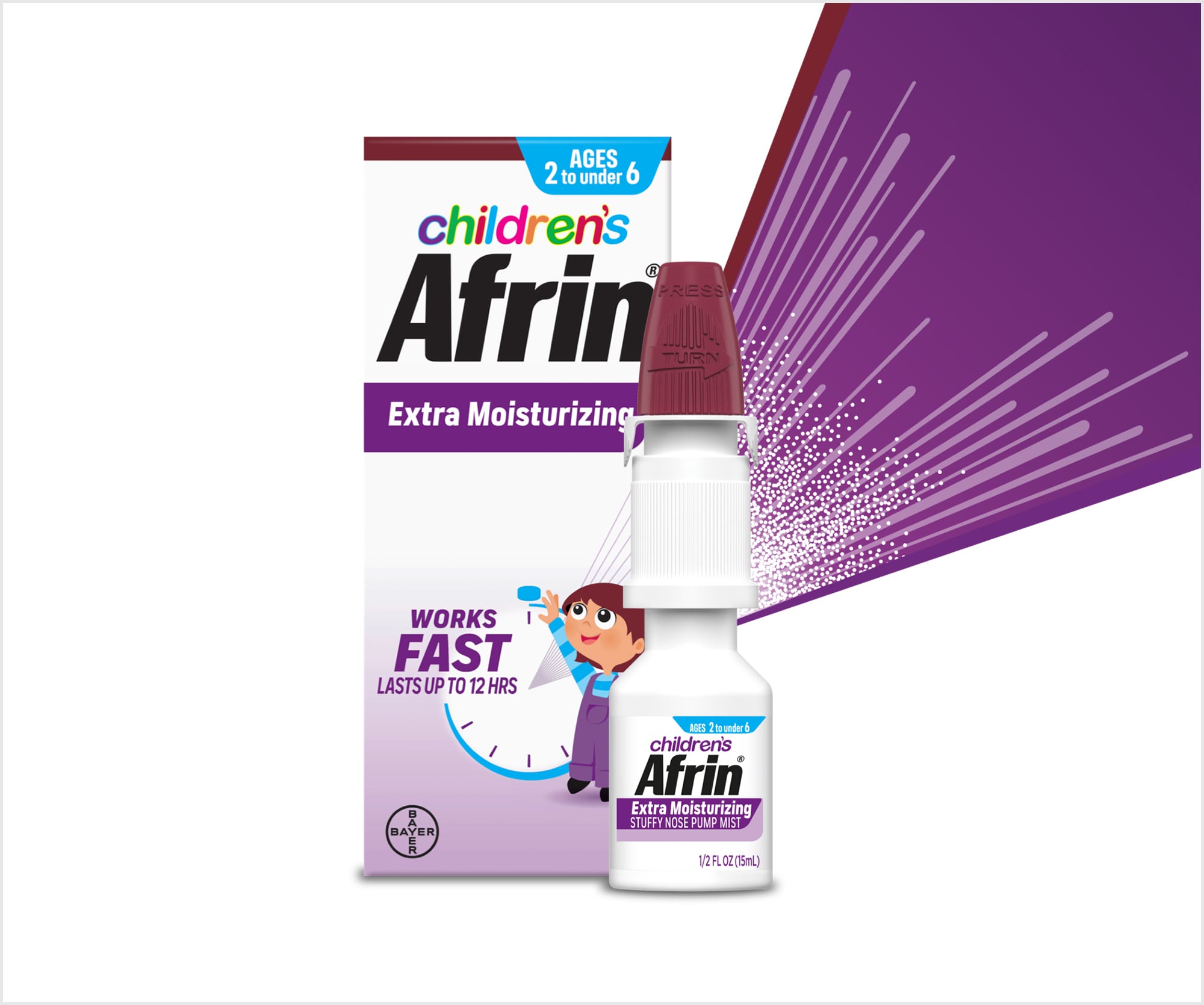 Afrin childrens extra moisturing nasal spray packaging next to nasal spray bottle