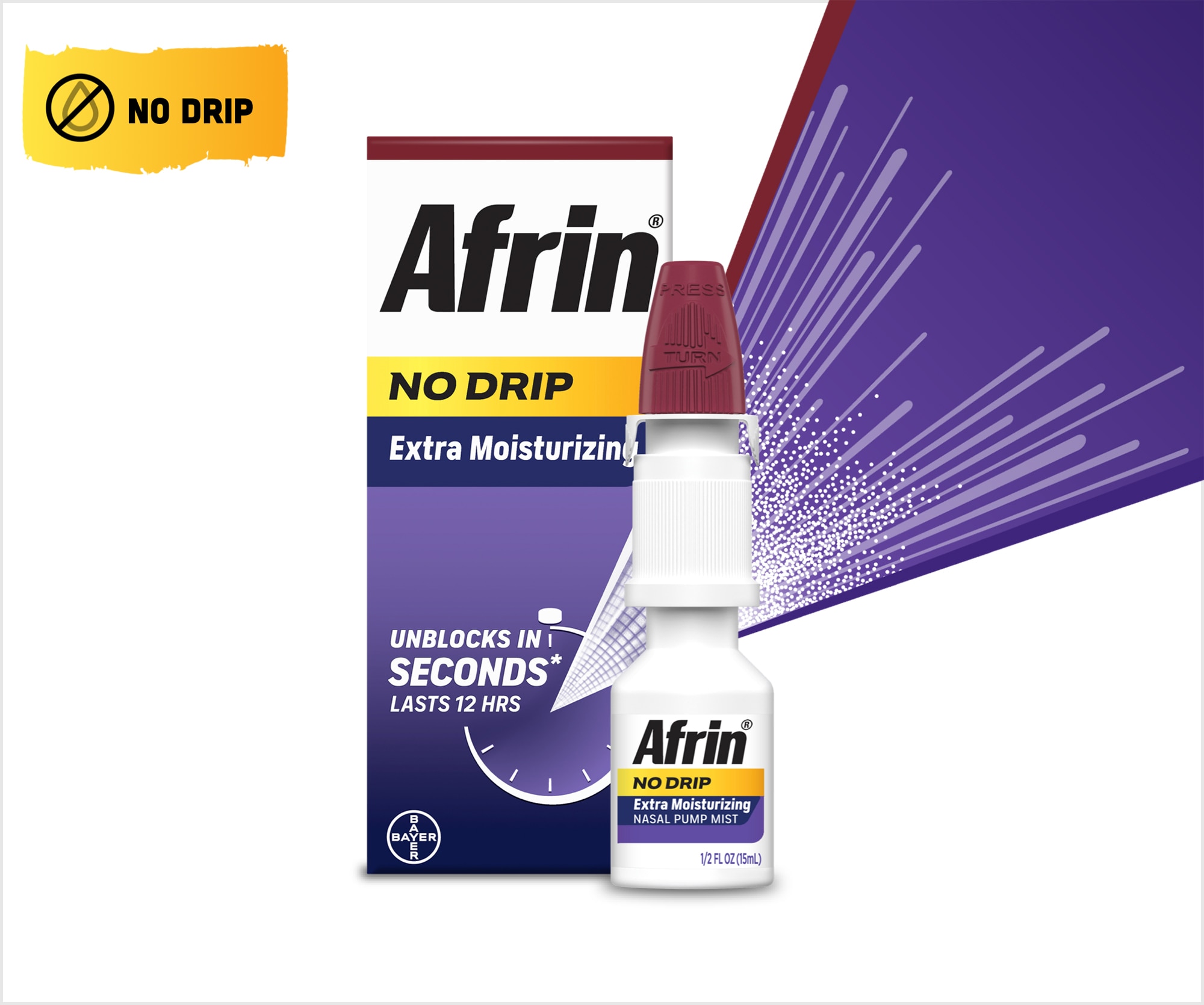 Afrin extra moisturing no drip nasal spray packaging next to nasal spray bottle