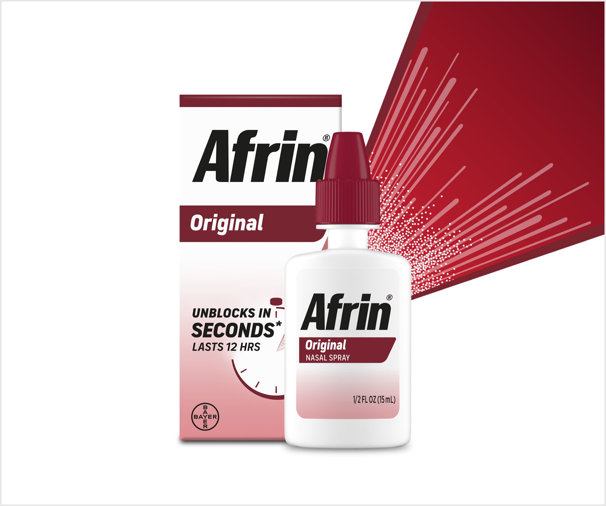 Afrin original nasal spray packaging next to nasal spray bottle