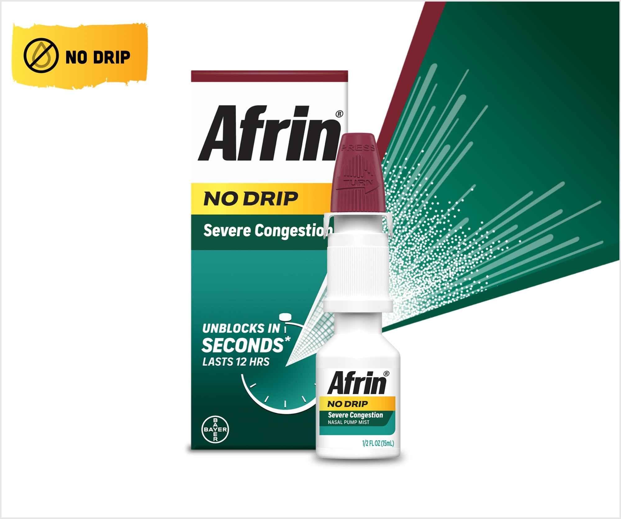 Afrin severe congestion no drip nasal spray packaging next to nasal spray bottle