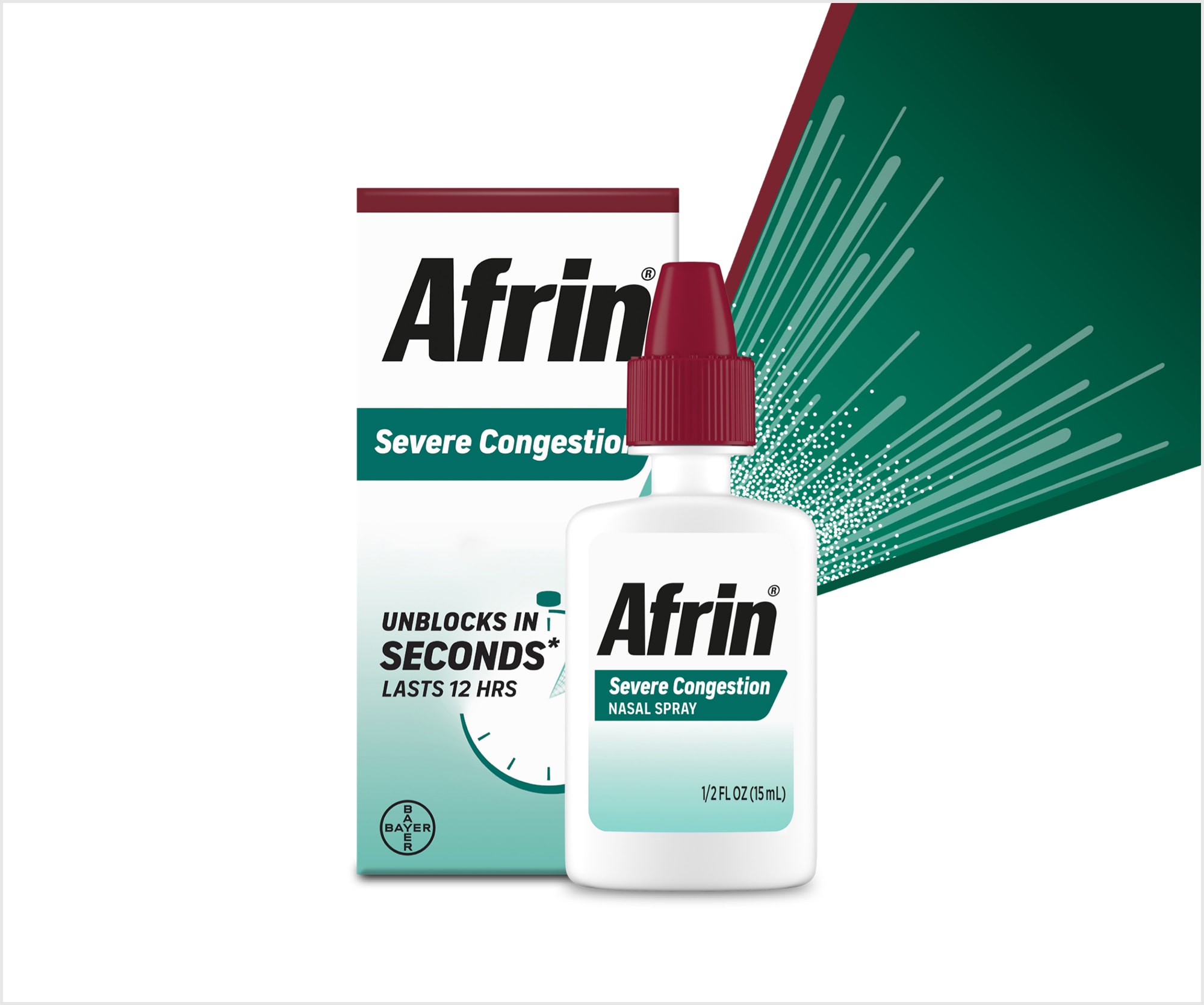 Afrin severe congestion nasal spray packaging next to nasal spray bottle