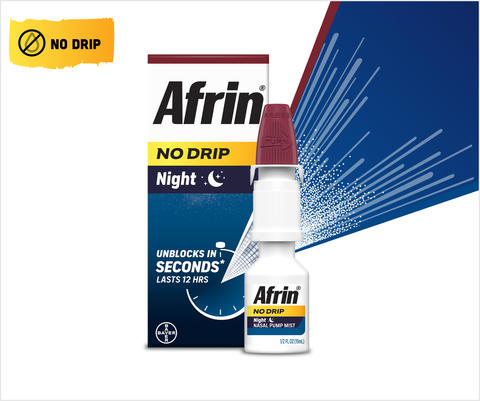 Afrin night no drip nasal spray packaging next to nasal spray bottle