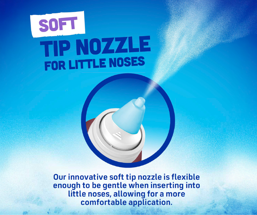 Innovative soft tip nozzle which is gentle and flexible when inserting into little noses, allowing for a more comfortable application.