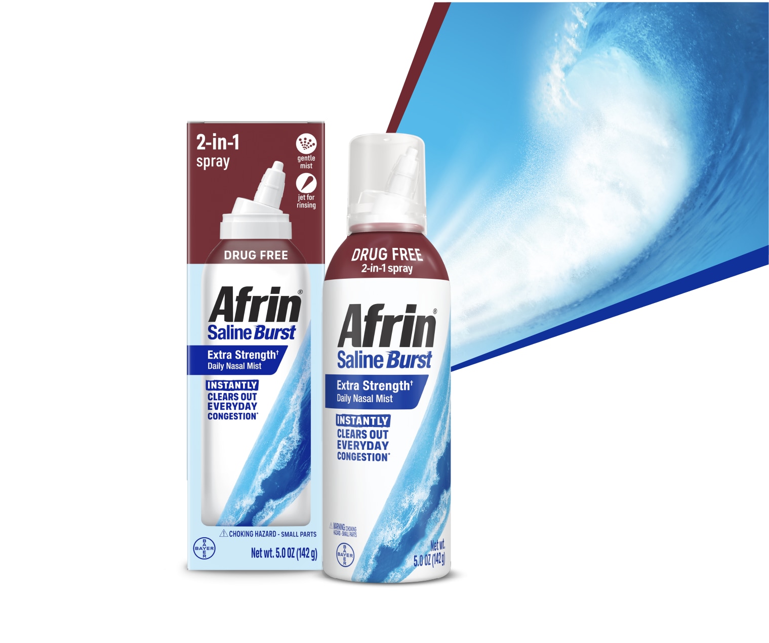 A 2-in-1 drug free spray bottle of Afrin® saline burst extra strength daily nasal mist that instantly clears out everyday congestion*.
