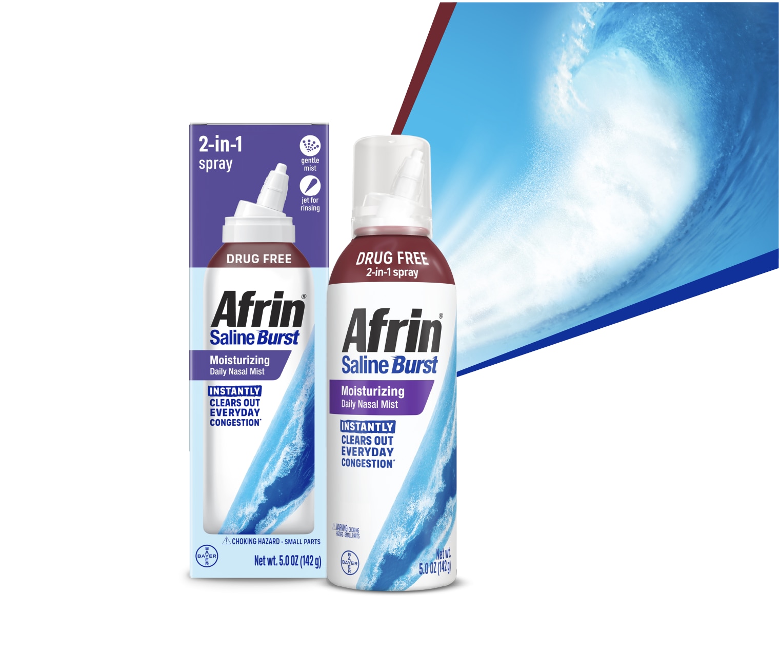 A 2-in-1 drug free spray bottle of Afrin® saline burst moisturizing daily nasal mist that instantly clears out everyday congestion*.